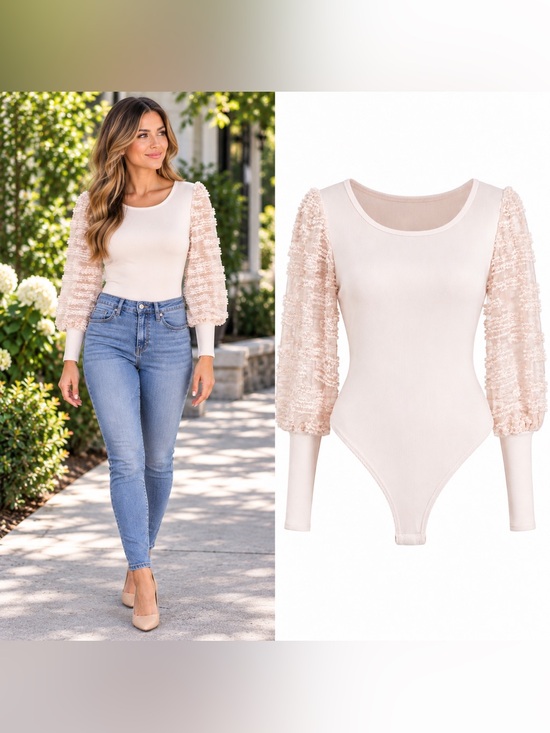 Andthewhy Tops - AndTheWhy Textured Puff Sleeve Oatmeal Coquette Bodysuit Women’s Size Medium